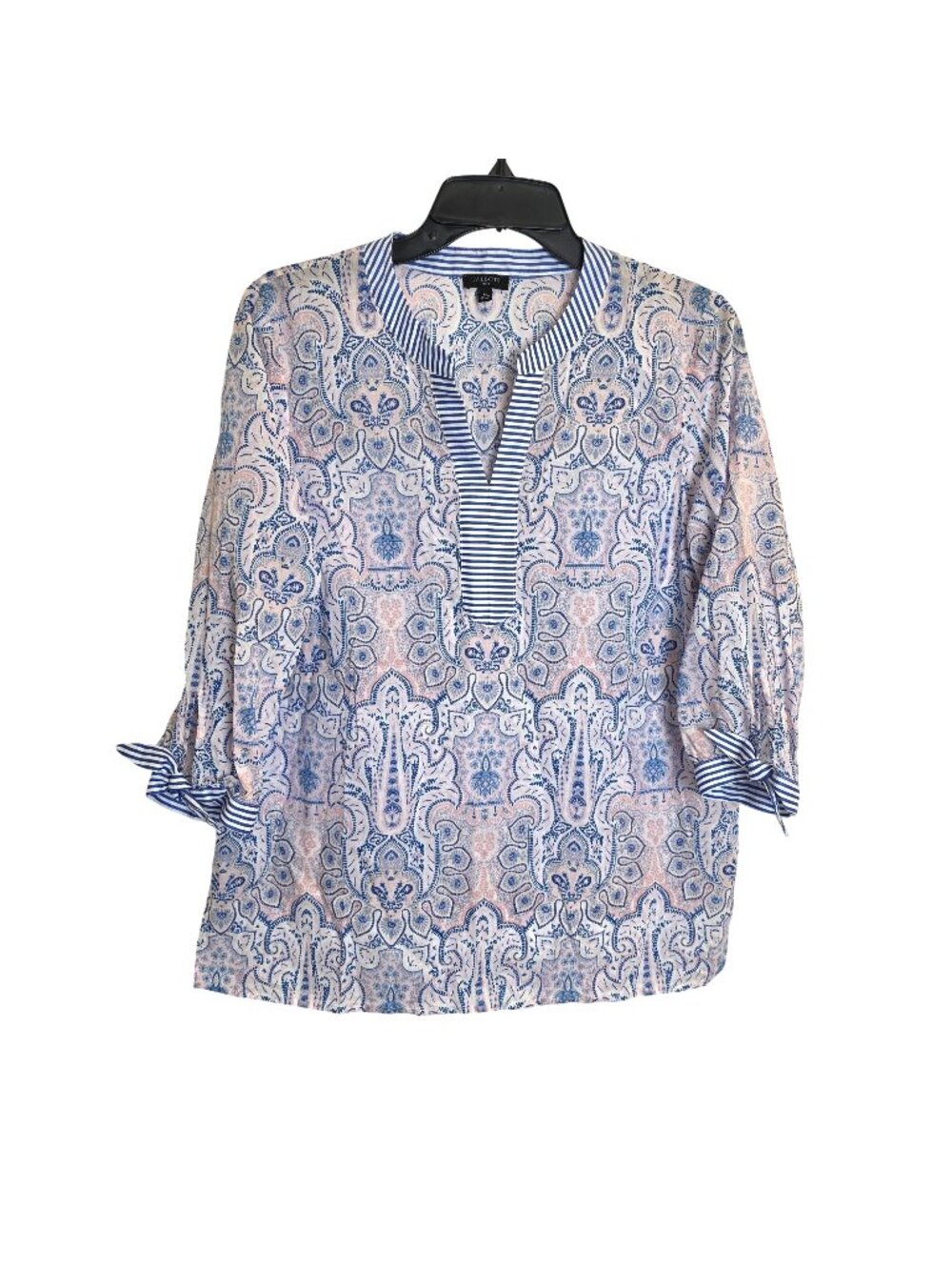 Talbots Pink Blue Paisley Tunic Top L Petite Cotton 3/4 Tie Sleeve Boho